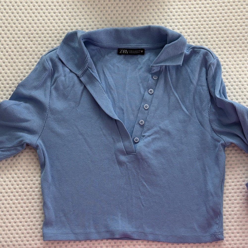 Zara Blue long sleeve cropped Polo Shirt